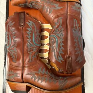 Luchesse Brown Leather Cowboy Boots with Blue Embroidery